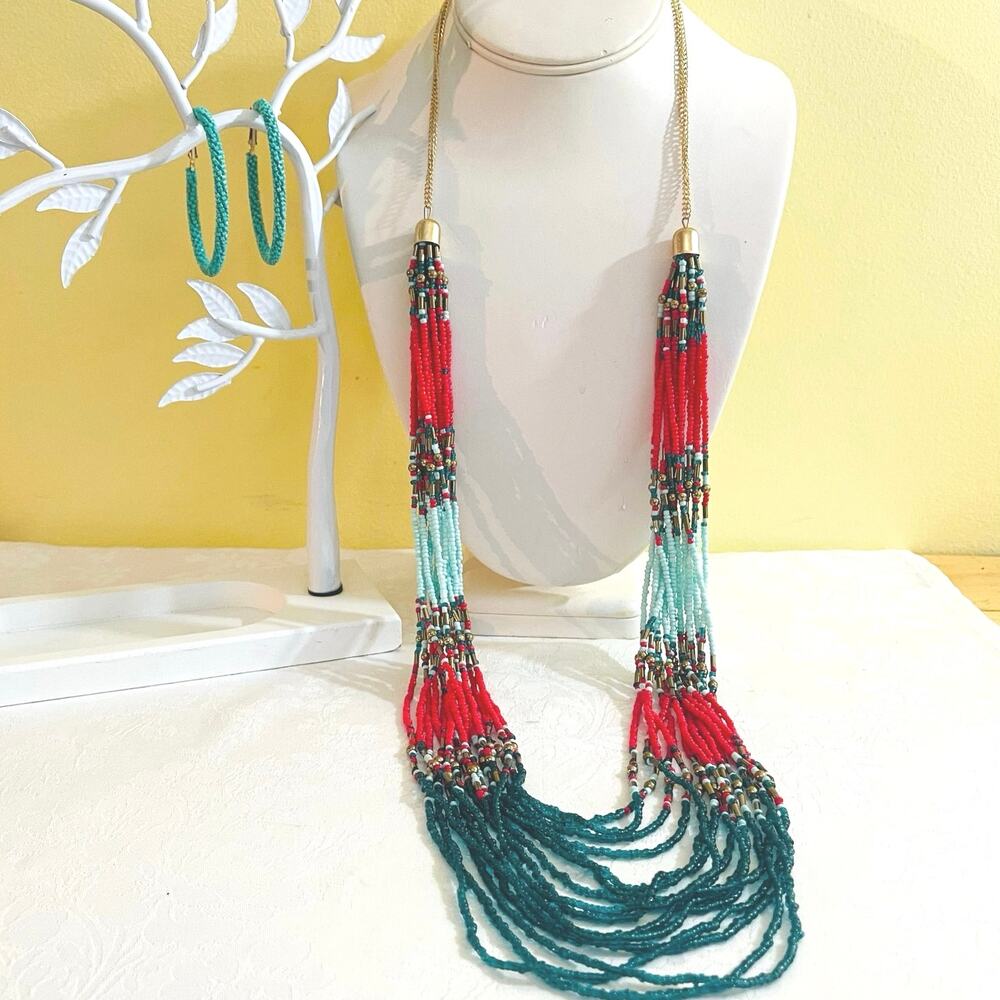Southwestern Style Boho Chic Necklace Earrings Seed Bead Turquoise Red Green